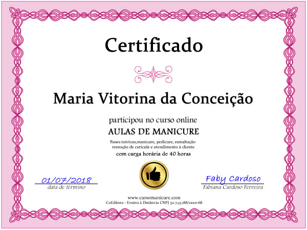 Certificado do Curso Online de Manicure e Pedicure - Faby Cardoso