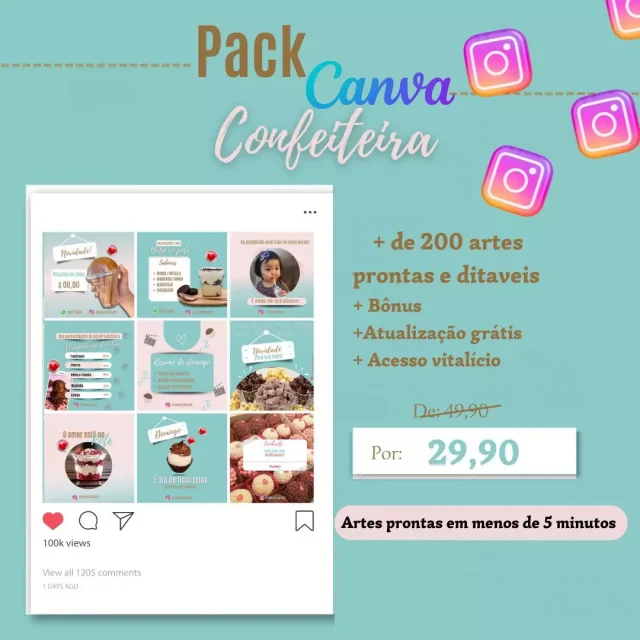 Pack Canva Confeiteira + 200 Artes Prontas para Instagram e Facebook