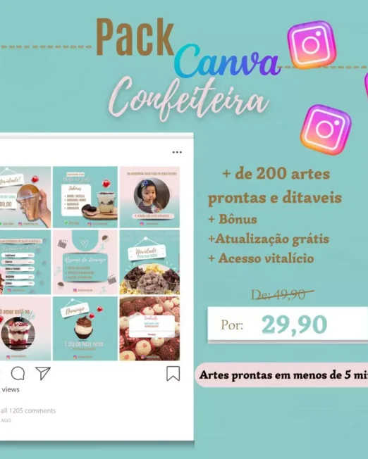 Pack Canva Confeiteira + 200 Artes Prontas para Instagram e Facebook